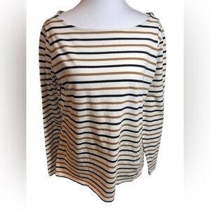Boden Great Breton Women’s Striped Long Sleeve Top US 10 Ivory Navy Tan Cotton
